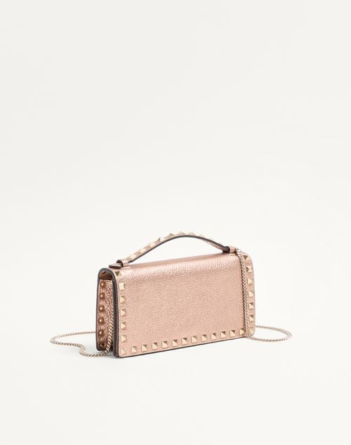 Valentino Rockstud Laminated Grainy Calfskin Wallet With Chain