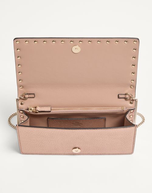 Valentino Rockstud Laminated Grainy Calfskin Wallet With Chain