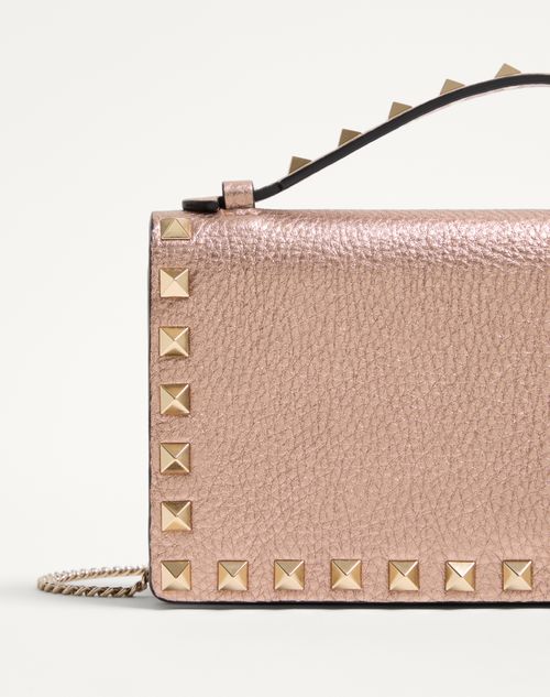 Valentino Rockstud Laminated Grainy Calfskin Wallet With Chain