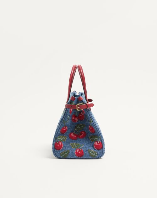 Valentino Garavani Antibes Small Shopping Bag In Denim With Cherryfic Embroidery