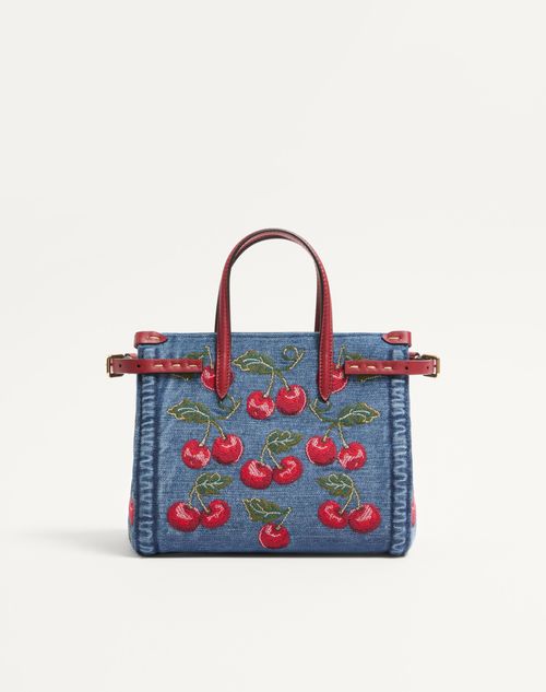 Valentino Garavani Antibes Small Shopping Bag In Denim With Cherryfic Embroidery