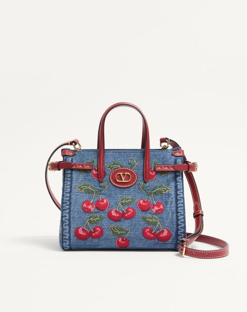 Valentino Garavani Antibes Small Shopping Bag In Denim With Cherryfic Embroidery