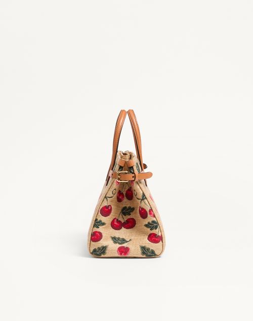 Valentino Garavani Antibes Small Shopping Bag In Jacquard Raffia With Cherryfic Pattern