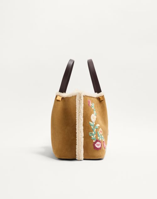 Valentino Garavani Medium Shopping Bag In Embroidered Suede With Sheepskin Lining