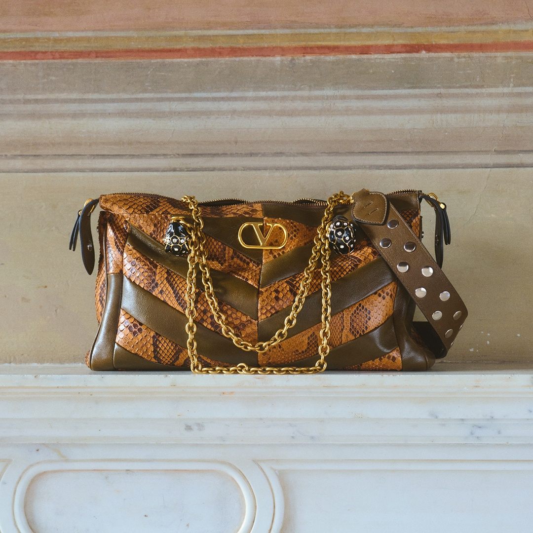 Valentino Garavani Panthea Medium Shoulder Bag In Python And Nappa With Chevron Motif