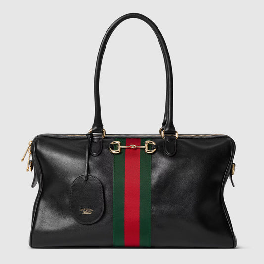 Gucci Web Boston Bag — Black Leather