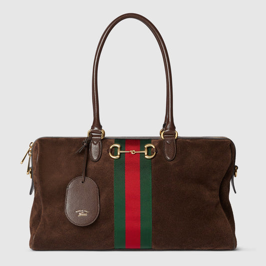 Gucci Web Boston Bag — Brown Suede
