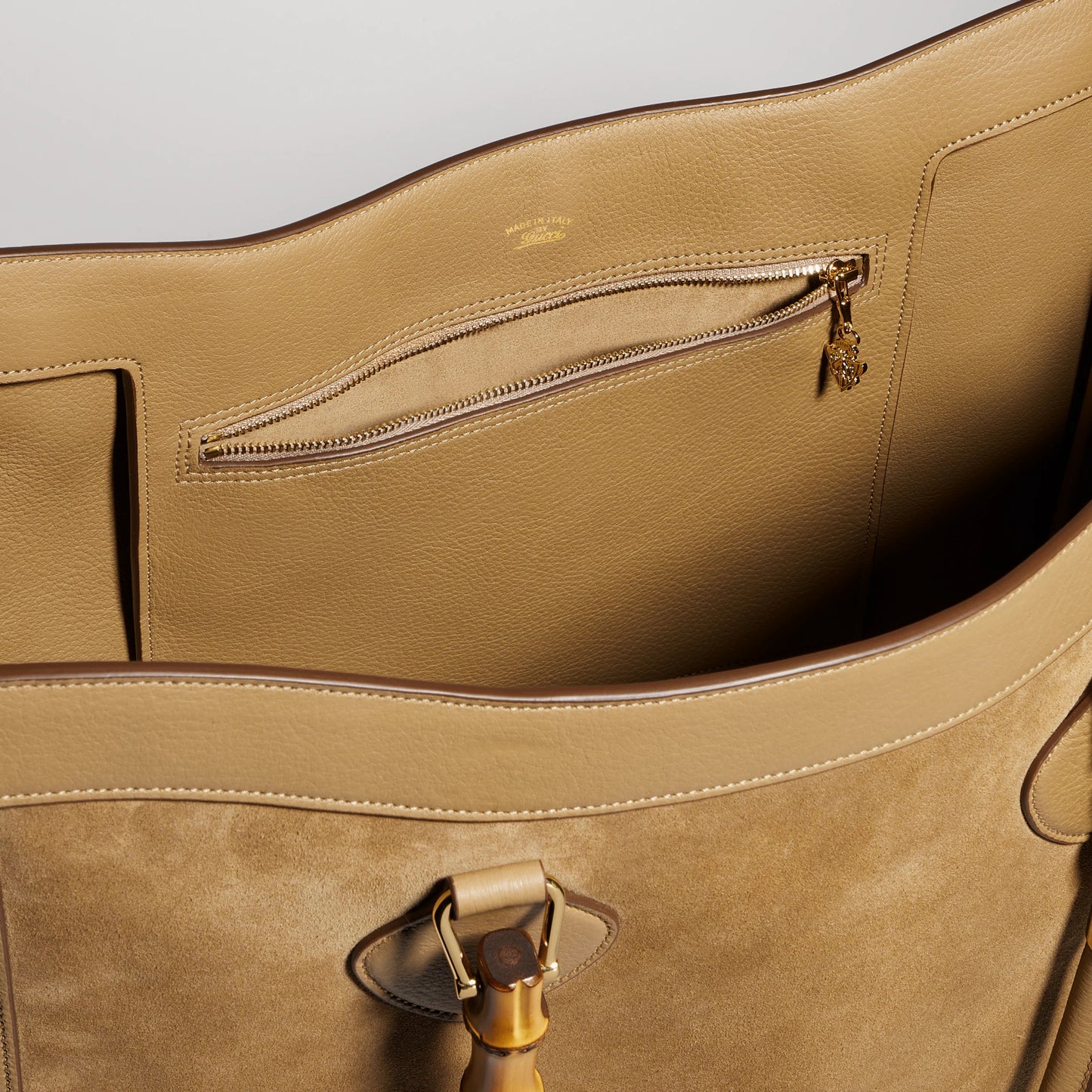 Gucci Bamboo Tote Large — Dark Beige Suede